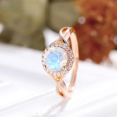 14 K różowe złoto owalny Cabochon Cut kamień księżycowy pierścionek zaręczynowy kamień księżycowy halo pierścionki biżuteria
