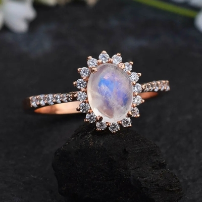 14 K różowe złoto owalny Cabochon Cut kamień księżycowy pierścionek zaręczynowy kamień księżycowy halo pierścionki biżuteria