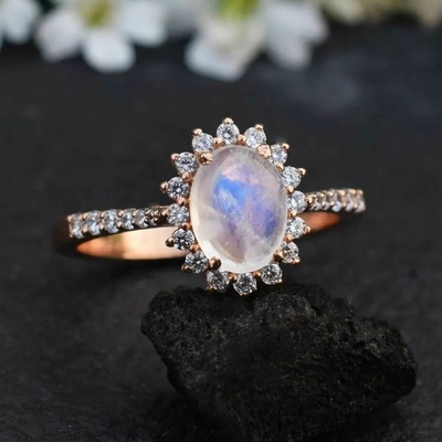 14 K różowe złoto owalny Cabochon Cut kamień księżycowy pierścionek zaręczynowy kamień księżycowy halo pierścionki biżuteria
