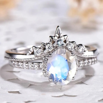 Białe złoto owalny kamień księżycowy Art Deco unikalny zestaw pierścionków zaręczynowych 925 Sterling Silver