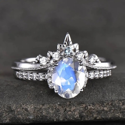 Białe złoto owalny kamień księżycowy Art Deco unikalny zestaw pierścionków zaręczynowych 925 Sterling Silver