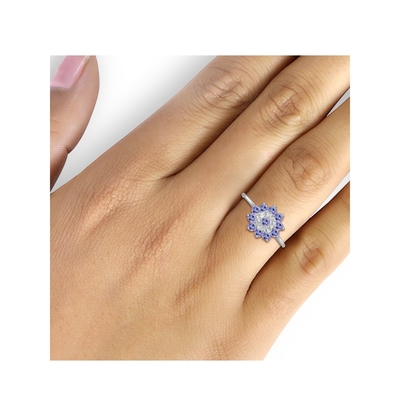 Branch Flower Design JewelersClub Pierścionek z tanzanitem Srebrny pierścionek Biżuteria z akcentem białego diamentu