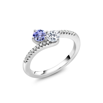 Gem Stone King 0,87 ct okrągły niebieski tanzanit biały topaz 925 Sterling Silver Bypass Ring