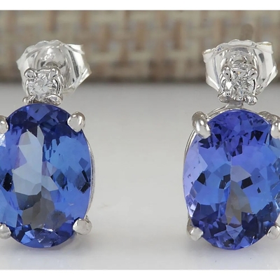 14k White Gold Oval Genuine Natural Tanzanite Earrings with Diamonds
