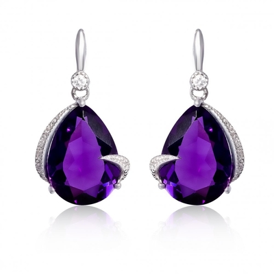 2,46 ct. tw Ametyst i 1/10 ct. tw Diamentowe kolczyki Leverback ze srebra próby 925