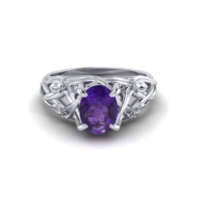 Pierścionek z kwiatowym ametystem z 14-karatowego białego złota, ametyst 6x8 mm, diament .06cttw