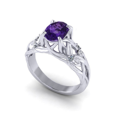 Pierścionek z kwiatowym ametystem z 14-karatowego białego złota, ametyst 6x8 mm, diament .06cttw