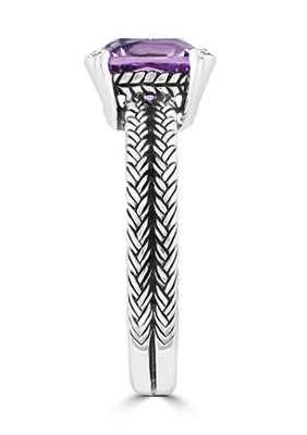 Pierścionek z kwiatowym ametystem z 14-karatowego białego złota, ametyst 6x8 mm, diament .06cttw