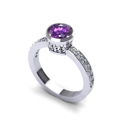 Pierścionek z kwiatowym ametystem z 14-karatowego białego złota, ametyst 6x8 mm, diament .06cttw