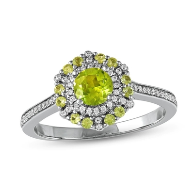 Zielony perydot i diamentowy pierścionek 1/6 ct tw 10-karatowe białe złoto w srebrze