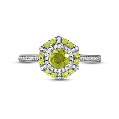 Zielony perydot i diamentowy pierścionek 1/6 ct tw 10-karatowe białe złoto w srebrze