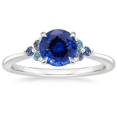 Lab Created Sapphire Capella Three Stone Lab Diamond Ring Set with 9x7mm Blue Oval Lab Created Sapphire