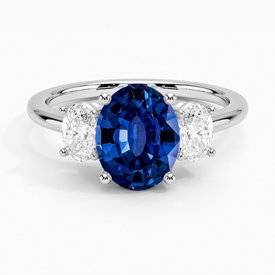 Lab Created Sapphire Capella Three Stone Lab Diamond Ring Set with 9x7mm Blue Oval Lab Created Sapphire