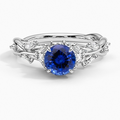 Lab Created Sapphire Capella Three Stone Lab Diamond Ring Set with 9x7mm Blue Oval Lab Created Sapphire