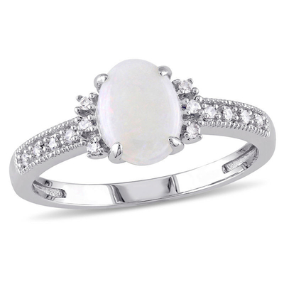Opal owalny i 1/15 CT. TW Diamentowy pierścionek z dzielonym trzpieniem ze srebra próby 925