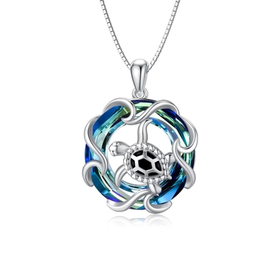 Prezenty walentynkowe S925 Sterling Silver Sea Turtle Naszyjnik z niebieskim kryształem dla kobiet