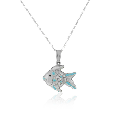 925 Sterling Silver 3D Niebiesko-biała emalia Ryba Urok Wisiorek Naszyjnik