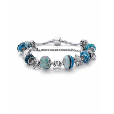 Okrągły niebieski kryształ „Sea Life” żółw i rozgwiazda Charm bransoletka Silvertone 8 &quot;długość