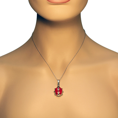 925 Sterling Silver 3D Czerwona Emalia Biedronka Charm Wisiorek Naszyjnik