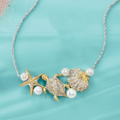 Perła hodowlana 4-5,5 mm i 0,14 ct. tw Diamentowy naszyjnik Sea Life ze srebra i 18-karatowego złota na detalach