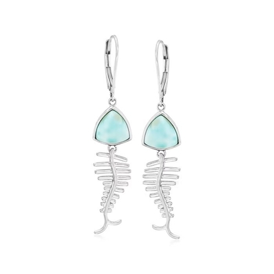 Wyjątkowe kolczyki Larimar Fish Bone Drop ze srebra próby 925