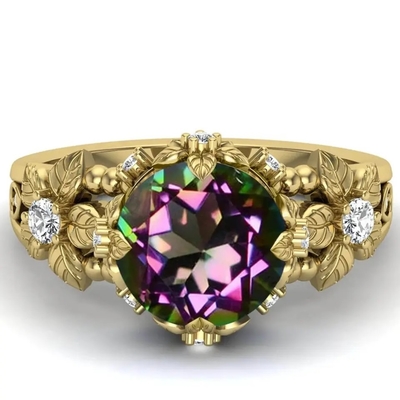 14-karatowe pozłacane srebro Vintage Art Round Cut Mystic White Topaz Gemstone Pierścionki zaręczynowe