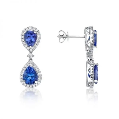 925 Sterling Silver Blue Color Tanzanit Stone Jewelry Podwójne kolczyki w kształcie gruszki