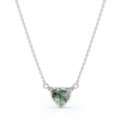 925 Silver Prosty Natural Light Brilliant Elegancki Zielony Naszyjnik W Kształcie Serca Mech Agat Na Sprzedaż