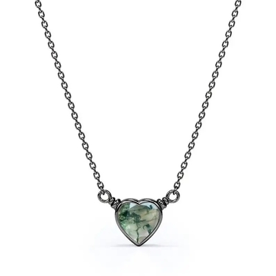 925 Silver Prosty Natural Light Brilliant Elegancki Zielony Naszyjnik W Kształcie Serca Mech Agat Na Sprzedaż