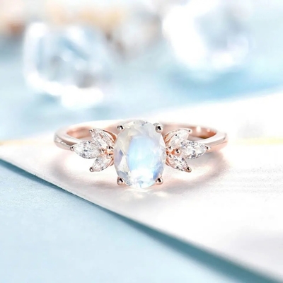 Różowe złoto kobiety 925 Sterling Silver Bridal Marquise biżuteria fasetowany owalny krój kamień księżycowy pierścionek zaręczynowy dla kobiet