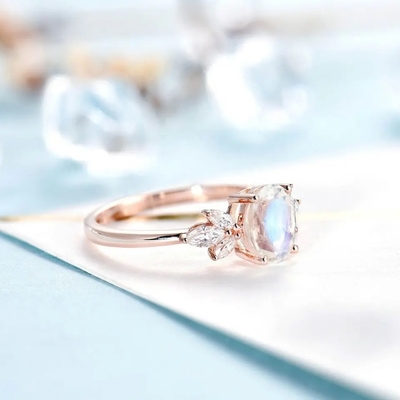 Różowe złoto kobiety 925 Sterling Silver Bridal Marquise biżuteria fasetowany owalny krój kamień księżycowy pierścionek zaręczynowy dla kobiet