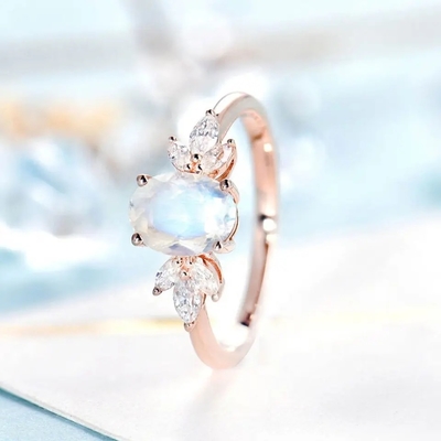 Różowe złoto kobiety 925 Sterling Silver Bridal Marquise biżuteria fasetowany owalny krój kamień księżycowy pierścionek zaręczynowy dla kobiet