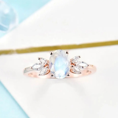 Różowe złoto kobiety 925 Sterling Silver Bridal Marquise biżuteria fasetowany owalny krój kamień księżycowy pierścionek zaręczynowy dla kobiet