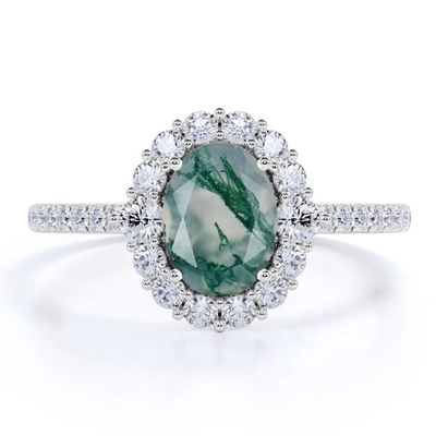 Unikalne S925 Rose pozłacane Round Cut White CZ Biżuteria Natural Moss Agate Rings Najwyższej jakości Design Factory Ring