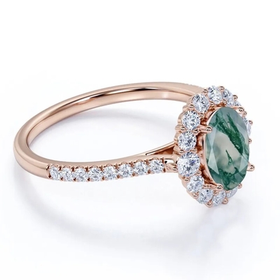 Unikalne S925 Rose pozłacane Round Cut White CZ Biżuteria Natural Moss Agate Rings Najwyższej jakości Design Factory Ring