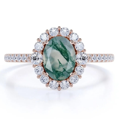 Unikalne S925 Rose pozłacane Round Cut White CZ Biżuteria Natural Moss Agate Rings Najwyższej jakości Design Factory Ring