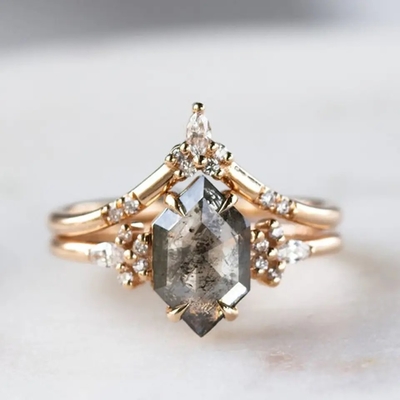 Hexagon Cut Salt and Pepper CZ Moissanite Srebrny pierścionek 925 Zakrzywiony Pasujący