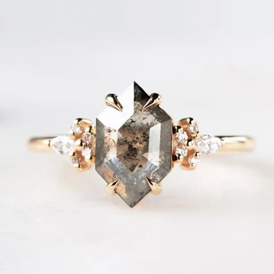 Hexagon Cut Salt and Pepper CZ Moissanite Srebrny pierścionek 925 Zakrzywiony Pasujący