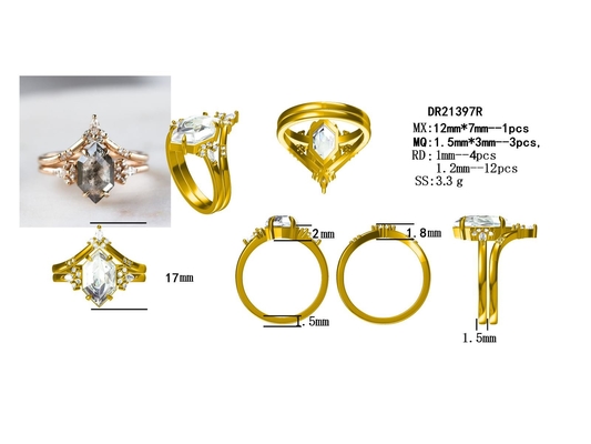 Hexagon Cut Salt and Pepper CZ Moissanite Srebrny pierścionek 925 Zakrzywiony Pasujący