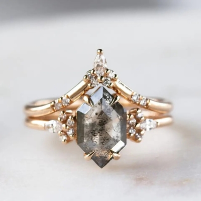 Hexagon Cut Salt and Pepper CZ Moissanite Srebrny pierścionek 925 Zakrzywiony Pasujący