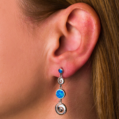 925 Z Sterling Silver Grecki Klucz Niebieski Opal Dangle Meander Meandros Kolczyki Dla Kobiet