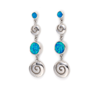 925 Z Sterling Silver Grecki Klucz Niebieski Opal Dangle Meander Meandros Kolczyki Dla Kobiet
