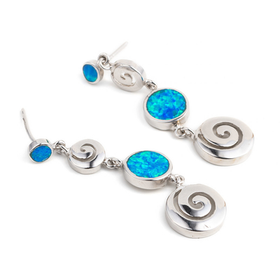 925 Z Sterling Silver Grecki Klucz Niebieski Opal Dangle Meander Meandros Kolczyki Dla Kobiet