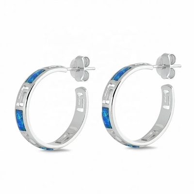 925 z greckim kluczem niebieski Meander Vintage Sterling Opal Ring Hoop kolczyki