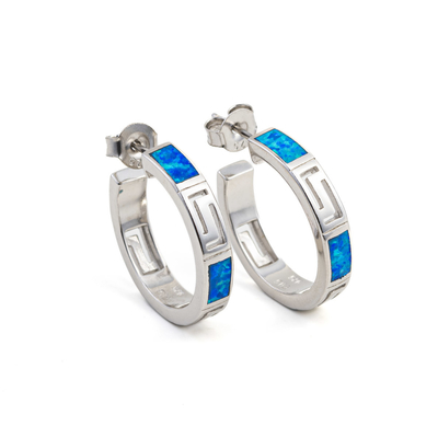 925 z greckim kluczem niebieski Meander Vintage Sterling Opal Ring Hoop kolczyki