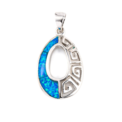 925 z greckim kluczem niebieski Meander Vintage Sterling Opal Ring Hoop kolczyki