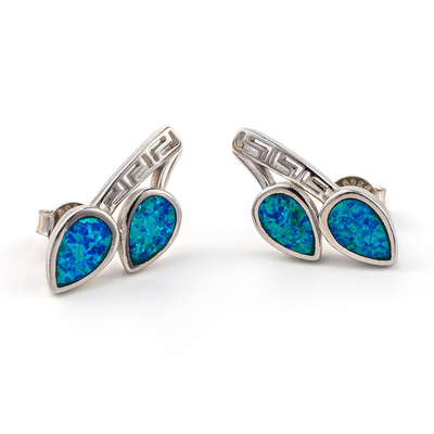 925 Z Sterling Silver Grecki Klucz Naturalny Niebieski Granat Stud Meander Opal Kolczyki Dla Kobiet
