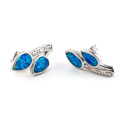 925 Z Sterling Silver Grecki Klucz Niebieski Meander Wysokiej Jakości Opal Liść Stadniny Kolczyki