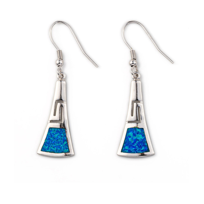 925 Z Sterling Silver Grecki Klucz Niebieski Meander Wysokiej Jakości Opal Liść Stadniny Kolczyki