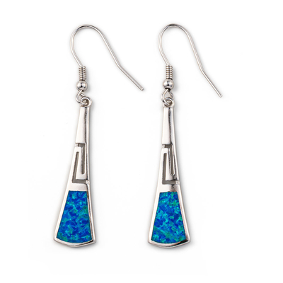 925 Z Sterling Silver Grecki Klucz Niebieski Meander Wysokiej Jakości Opal Liść Stadniny Kolczyki